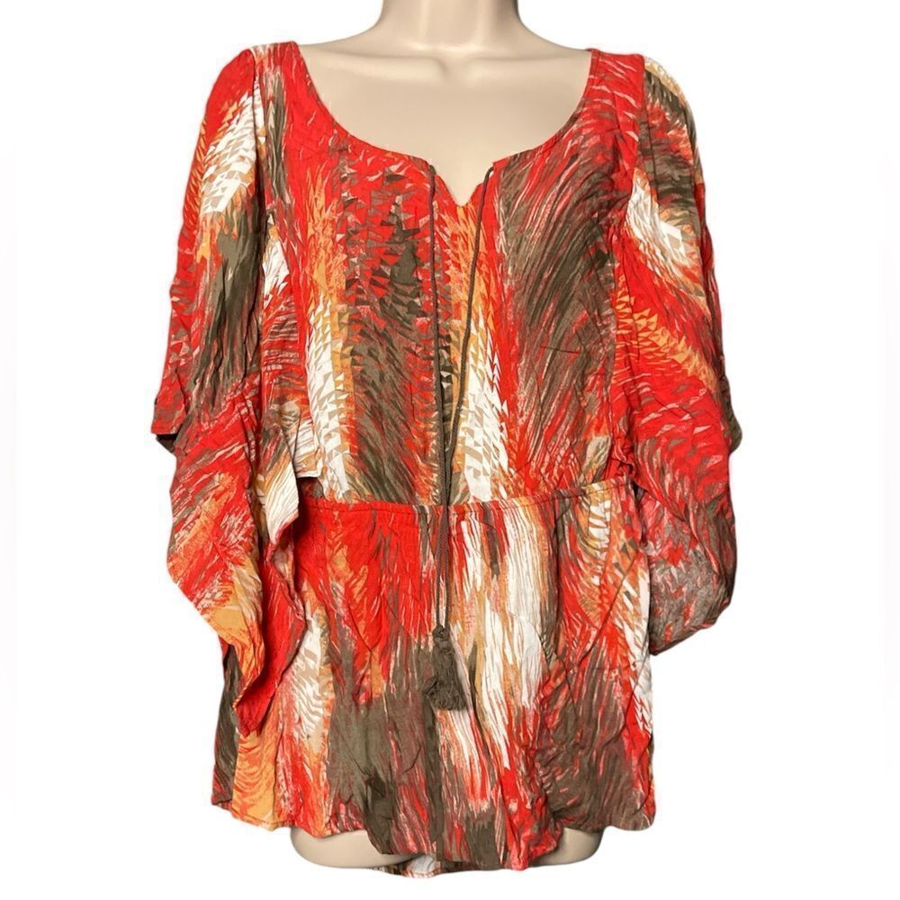 Cato Womens Top Large Red Gray Elastic Waist Kimono Sleeve 18/20W